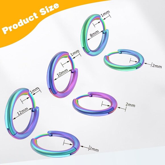 Blue 8-12mm hypoallergenic surgical steel small hoop earrings for cartilage nose - Picture 2 of 11